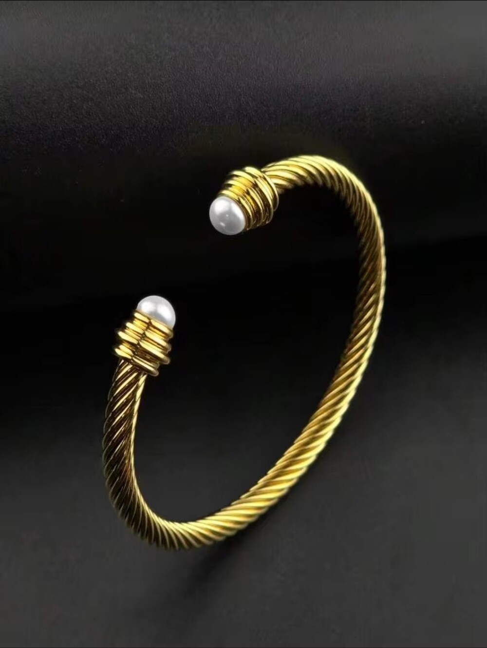 18K Yellow Gold Plated Twisted Cable Open Cuff Bracelet with Pearl Ends